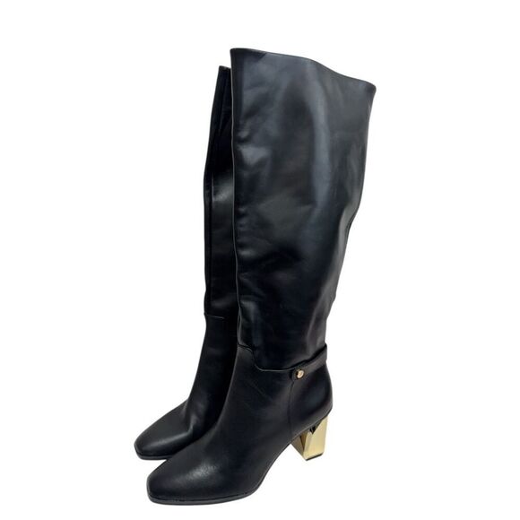 Franco Sarto Knee High Boots Size 9 Black Leather Gold Heel Side Zip - Picture 2 of 9